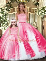 Fashionable Hot Pink Quinceanera Gowns Military Ball and Sweet 16 and Quinceanera with Lace and Ruffles Scoop Sleeveless Clasp Handle