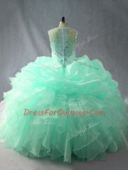 Excellent Apple Green Zipper Straps Beading and Ruffles and Pick Ups Quinceanera Dress Organza Sleeveless