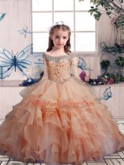 Floor Length Peach Girls Pageant Dresses Organza Sleeveless Beading and Ruffles