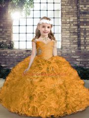 Latest Straps Sleeveless Child Pageant Dress Asymmetrical Beading Gold Fabric With Rolling Flowers