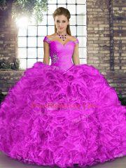 Lilac Organza Lace Up Vestidos de Quinceanera Sleeveless Floor Length Beading and Ruffles