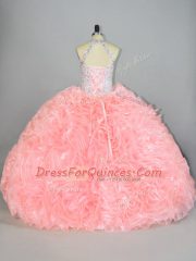 Halter Top Sleeveless Quince Ball Gowns Beading and Ruffles Peach Organza