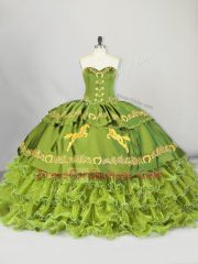 Embroidery and Ruffled Layers Vestidos de Quinceanera Olive Green Lace Up Sleeveless Brush Train