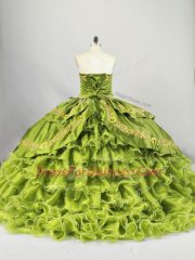 Embroidery and Ruffled Layers Vestidos de Quinceanera Olive Green Lace Up Sleeveless Brush Train