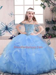Super Sleeveless Tulle Floor Length Lace Up Kids Pageant Dress in Blue with Beading