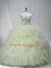 Exquisite Yellow Green Tulle Lace Up 15 Quinceanera Dress Sleeveless Brush Train Beading