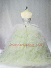 Exquisite Yellow Green Tulle Lace Up 15 Quinceanera Dress Sleeveless Brush Train Beading