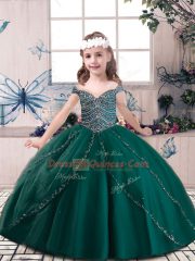 Straps Sleeveless Little Girls Pageant Dress Floor Length Beading Dark Green Tulle