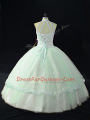 Floor Length Apple Green Vestidos de Quinceanera Halter Top Sleeveless Lace Up