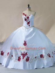 White Ball Gowns Satin One Shoulder Sleeveless Embroidery Floor Length Lace Up Quinceanera Dresses