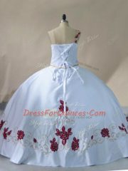 White Ball Gowns Satin One Shoulder Sleeveless Embroidery Floor Length Lace Up Quinceanera Dresses