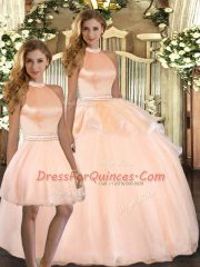 Customized Sleeveless Floor Length Beading Backless Quinceanera Gown with Peach