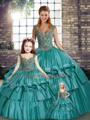 Adorable Sleeveless Taffeta Floor Length Lace Up Quinceanera Gowns in Teal with Beading and Ruffled Layers