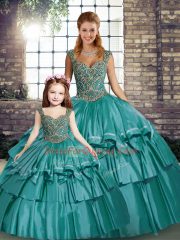 Adorable Sleeveless Taffeta Floor Length Lace Up Quinceanera Gowns in Teal with Beading and Ruffled Layers