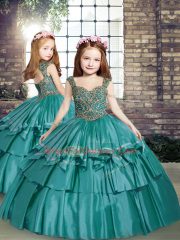 Adorable Sleeveless Taffeta Floor Length Lace Up Quinceanera Gowns in Teal with Beading and Ruffled Layers