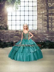 Adorable Sleeveless Taffeta Floor Length Lace Up Quinceanera Gowns in Teal with Beading and Ruffled Layers