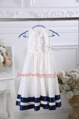 White Sleeveless Tea Length Ruffles Zipper Flower Girl Dress