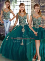 Eye-catching Peacock Green Lace Up Straps Beading and Appliques Vestidos de Quinceanera Tulle Sleeveless
