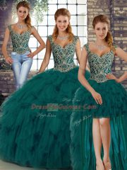 Peacock Green Straps Lace Up Beading and Ruffles Quinceanera Gown Sleeveless