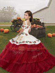 Fancy Green Ball Gowns Straps Sleeveless Tulle Floor Length Lace Up Embroidery and Ruffled Layers Pageant Dress for Girls
