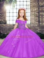 Sleeveless Floor Length Beading Lace Up Little Girl Pageant Dress with Lilac