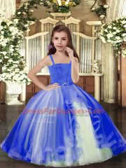 Blue Ball Gowns Beading Little Girls Pageant Gowns Lace Up Tulle Sleeveless Floor Length