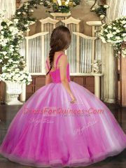 Blue Ball Gowns Beading Little Girls Pageant Gowns Lace Up Tulle Sleeveless Floor Length