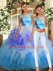 Flirting Multi-color Two Pieces Tulle Scoop Sleeveless Lace and Ruffles Floor Length Backless Sweet 16 Dresses