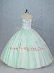 Decent Apple Green V-neck Lace Up Beading and Appliques Ball Gown Prom Dress Sleeveless