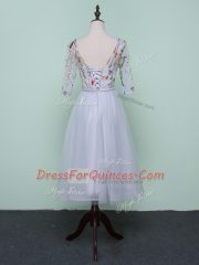 Purple Empire Scoop Half Sleeves Tulle Knee Length Lace Up Embroidery Quinceanera Court Dresses