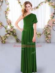 Green Empire Chiffon One Shoulder Sleeveless Ruching Floor Length Criss Cross Quinceanera Court of Honor Dress