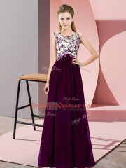 Sumptuous Dark Purple Chiffon Zipper Scoop Sleeveless Floor Length Dama Dress for Quinceanera Beading and Appliques