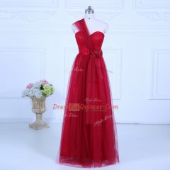 Super Floor Length Wine Red Quinceanera Dama Dress Tulle Sleeveless Ruching