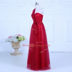 Super Floor Length Wine Red Quinceanera Dama Dress Tulle Sleeveless Ruching