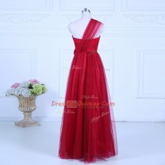 Super Floor Length Wine Red Quinceanera Dama Dress Tulle Sleeveless Ruching