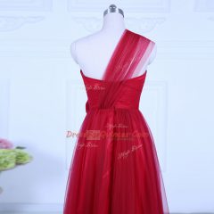Super Floor Length Wine Red Quinceanera Dama Dress Tulle Sleeveless Ruching