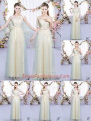 Artistic Champagne Sleeveless Lace and Bowknot Floor Length Dama Dress for Quinceanera