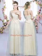 Artistic Champagne Sleeveless Lace and Bowknot Floor Length Dama Dress for Quinceanera