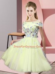Clearance Yellow Short Sleeves Tulle Lace Up Quinceanera Dama Dress for Wedding Party
