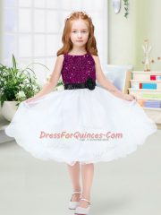 White Toddler Flower Girl Dress Wedding Party with Sequins and Hand Made Flower Scoop Sleeveless Zipper