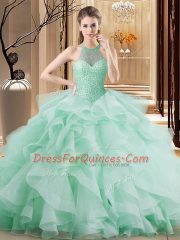 Adorable Apple Green Ball Gowns Beading and Ruffles Quinceanera Dresses Lace Up Organza Sleeveless