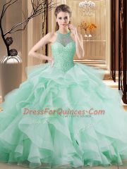 Adorable Apple Green Ball Gowns Beading and Ruffles Quinceanera Dresses Lace Up Organza Sleeveless