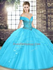Low Price Aqua Blue Sleeveless Tulle Lace Up Quince Ball Gowns for Military Ball and Sweet 16 and Quinceanera