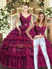 Floor Length Burgundy Vestidos de Quinceanera V-neck Sleeveless Backless