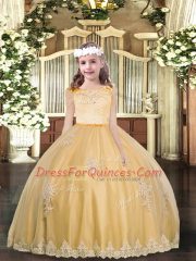 Sleeveless Floor Length Appliques Zipper Little Girls Pageant Gowns with Gold