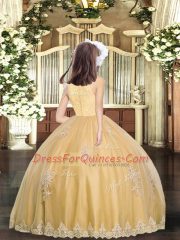 Sleeveless Floor Length Appliques Zipper Little Girls Pageant Gowns with Gold