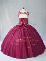 Best Selling Floor Length Burgundy Quinceanera Dress Scoop Sleeveless Lace Up