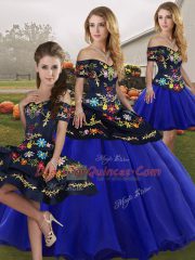 Royal Blue Sweet 16 Dresses Military Ball and Sweet 16 and Quinceanera with Embroidery Off The Shoulder Sleeveless Lace Up