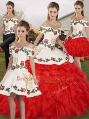 Fashionable White And Red Organza Lace Up Sweet 16 Dress Sleeveless Floor Length Embroidery and Ruffles