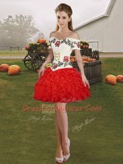 Fashionable White And Red Organza Lace Up Sweet 16 Dress Sleeveless Floor Length Embroidery and Ruffles